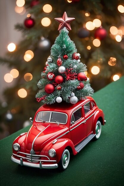 꼭대기 에 크리스마스 트리 가 있는 빨간 차 장난감