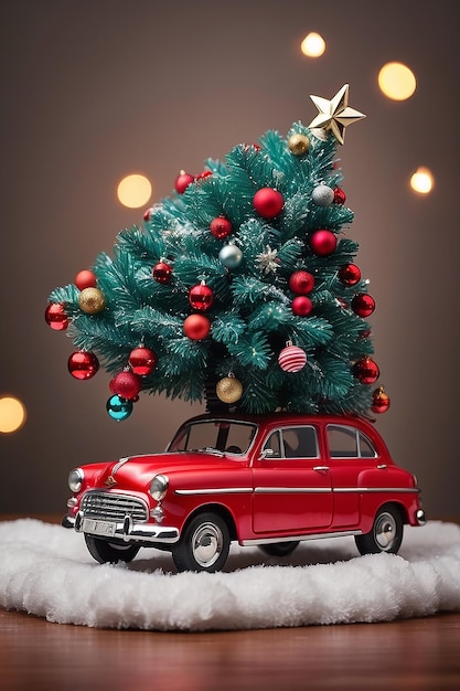 꼭대기 에 크리스마스 트리 가 있는 빨간 차 장난감