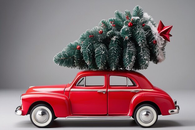 クリスマスツリーを頂いた赤いおもちゃ車