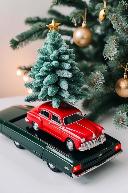 Red car toy with a christmas tree on top