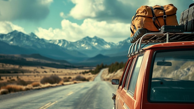 Photo a red car with a backpack on the roof is driving down a road with mountains in the background