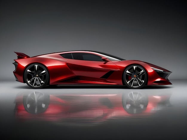 a red car with a black background and a reflection of the car in the background