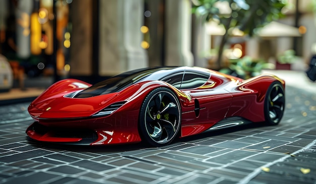 a red car with a black roof and a black wheel