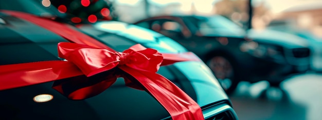 Photo red car with a bow gift selective focus