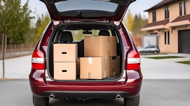 Photo a red car with boxes in the trunk