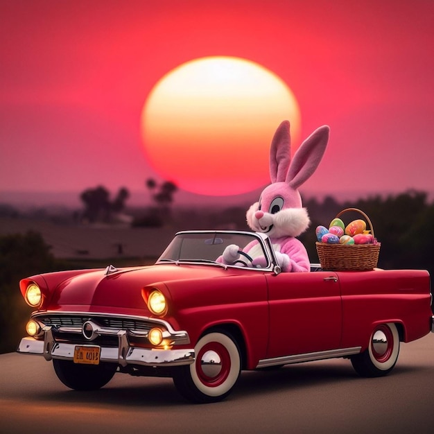 Photo a red car with a bunny rabbit on the back and a basket of eggs in the back