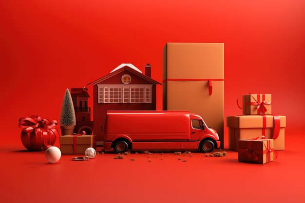 Photo a red car with christmas atributes generative ai