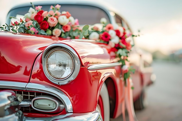 A red car with a floral arrangement on the hood the car look like its ready for a wedding