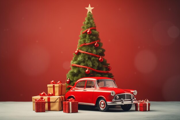 Red car with gift boxes near the christmas tree merry christmas and a happy new year concept