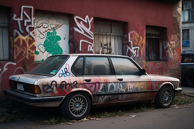 A red car with graffiti on the side