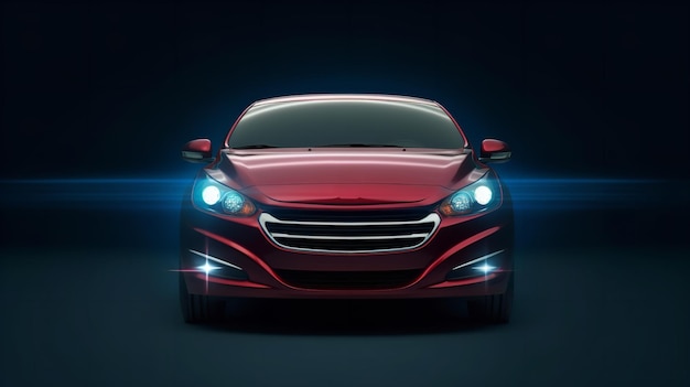 A red car with the headlights on