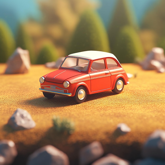 a red car with the hood up is sitting on a field.