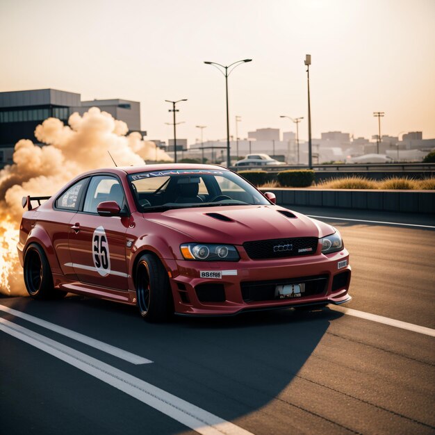 a red car with a lot of smoke coming out of it's exhaust pipes on a city street with buildings in th