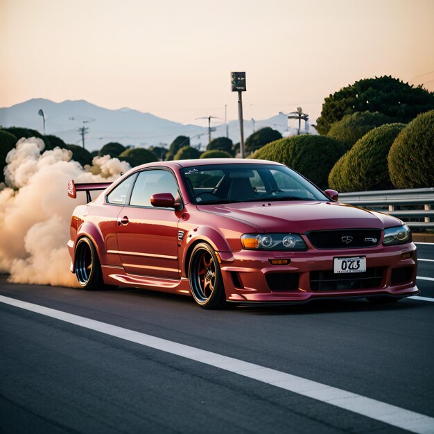 a red car with a lot of smoke coming out of it's exhaust pipes on a road with mountains in the backg