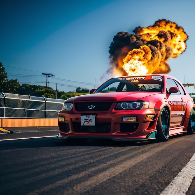 Photo a red car with a lot of smoke coming out of it's hoods on a road with a bridge in the background and