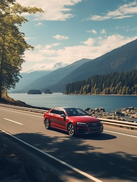 Photo a red car with a mountain in the background