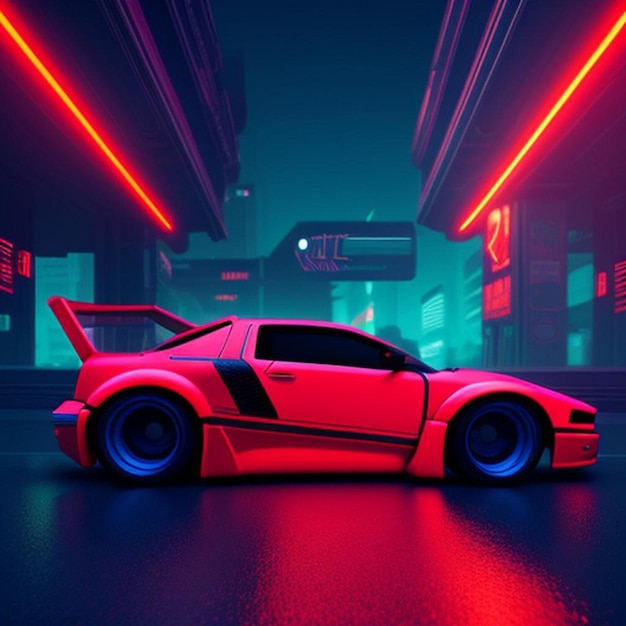 Photo red car with neon backgrounds a red futuristic car with neon lights red car wallpaper