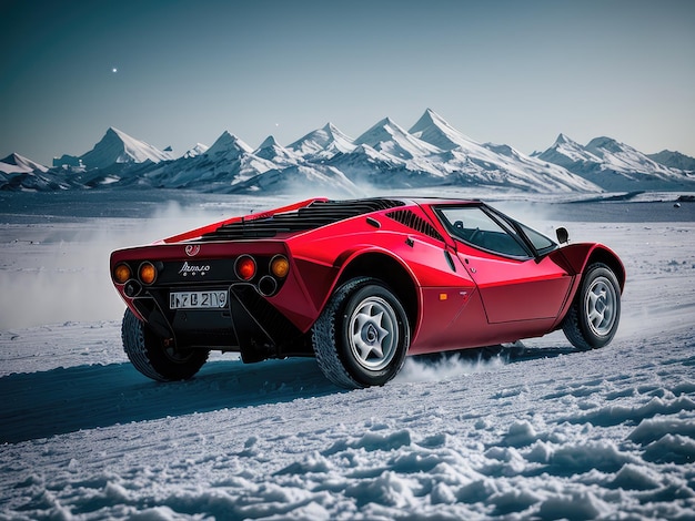 A red car with the number 50 on the front is parked in the snow.