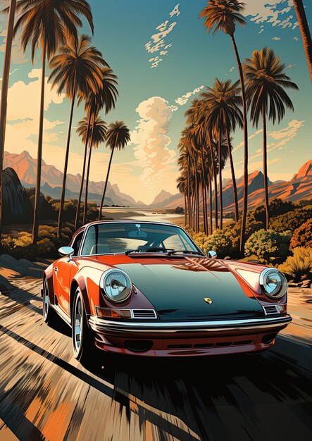 a red car with a palm tree in the background