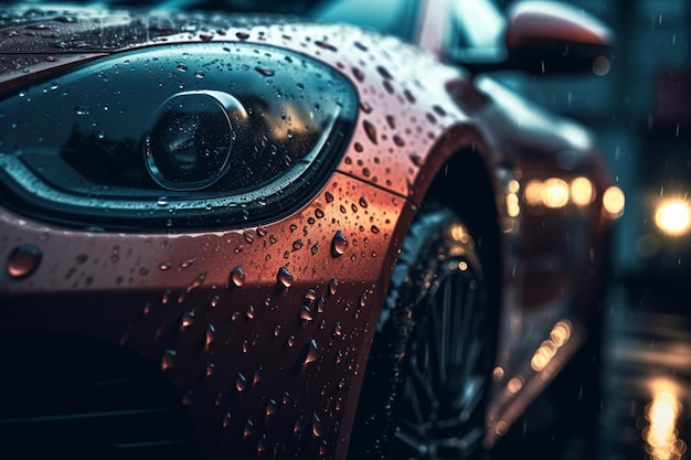 A red car with raindrops on the front bumper