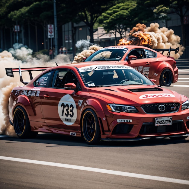 a red car with smoke coming out of it driving down a street next to a red car with smoke coming out