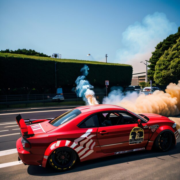 Photo a red car with smoke coming out of it's exhaust pipes on a street with a building in the background