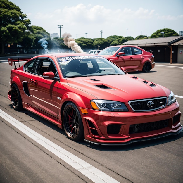 a red car with smoke coming out of it's exhaust pipes on a street with other cars in the background