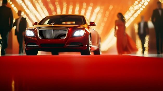 A red car with a woman walking in front of it