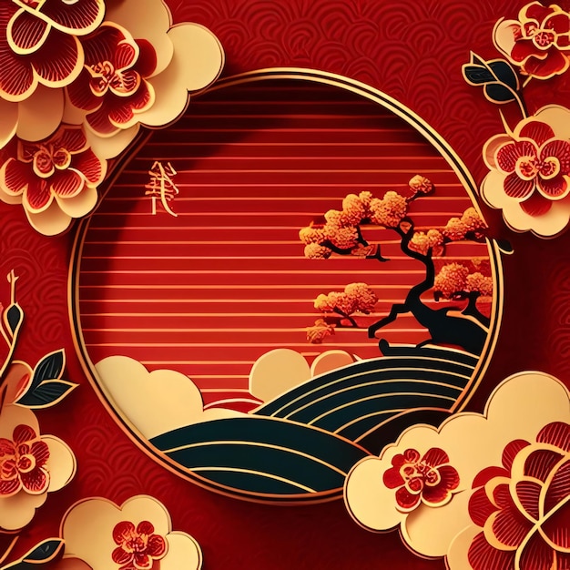 Red card frame in a circle with space for your own decoration content with Chinese lanterns and cherry blossoms Chinese New Year celebrations