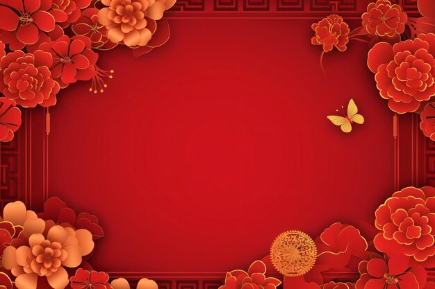 Red card with cherry blossom decorations on the sides in the middle a blank field with space for your own content Chinese New Year celebrations