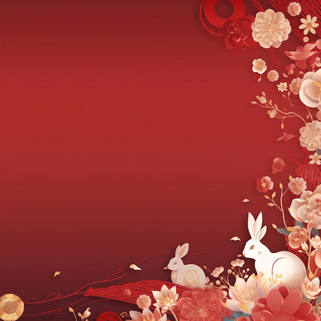 Красная карточка с кроликами и цветущей вишней Баннер с местом для вашего собственного контента Пустое место для надписи Празднование китайского Нового года