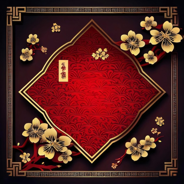 Красная карточка с местом для вашего собственного контента. Украшение вишни. Празднование китайского Нового года.