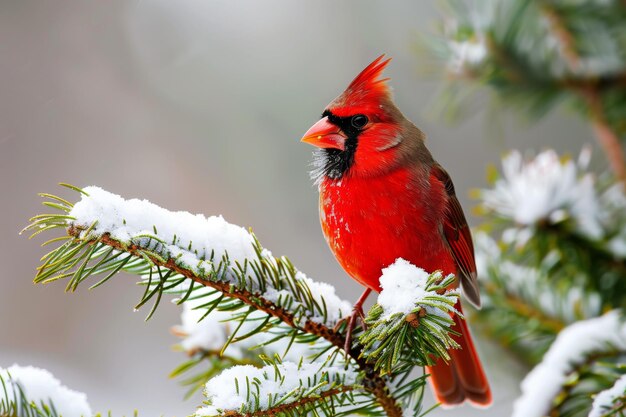 Foto cardinale rosso appoggiato su un ramo di pino innevato