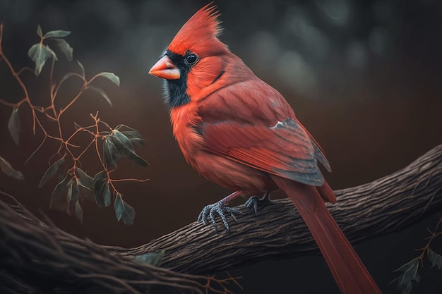 A red cardinal sits on a branch with a dark background.