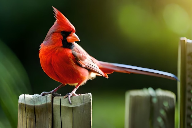 A red cardinal sits on a fence in the sun.