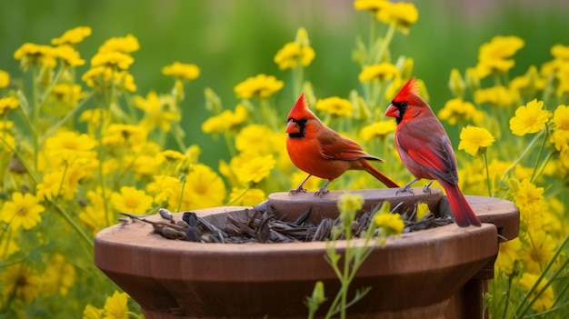 Red cardinals perch inside a large planter with yellow flowers on the ground
