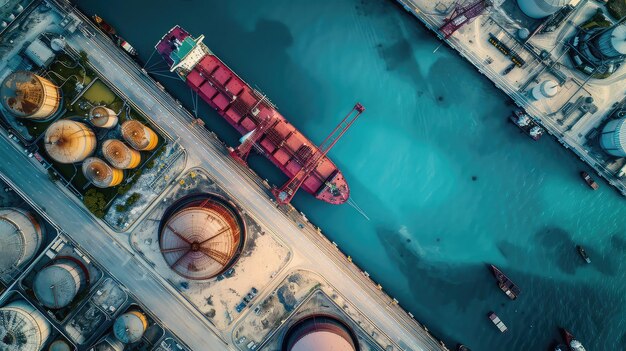 Photo red cargo ship and tanks captured from above