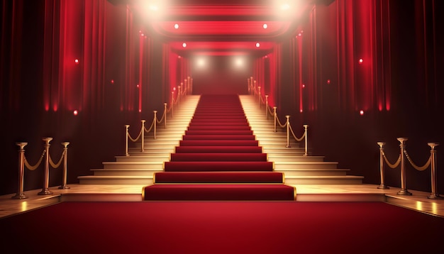 Red Carpet Bollywood Stage Maroon Steps Spot Light Backdrop of the Golden Regal Awards Generative ai
