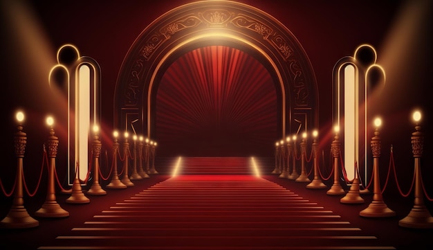 Red Carpet Bollywood Stage Steps Spot Lights Golden Royal Awards Grafische achtergrond Generatieve ai