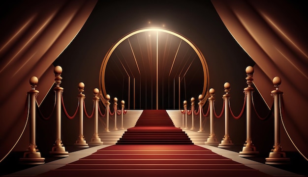 Red Carpet Bollywood Stage Steps Spot Lights Golden Royal Awards Grafische achtergrond Generatieve ai