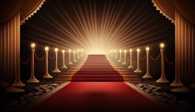 Red Carpet Bollywood Stage Steps Spot Lights Golden Royal Awards Grafische achtergrond Generatieve ai