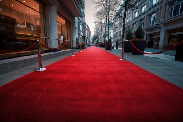 A red carpet on a city street next to a building generative AI