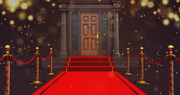 Red carpet entrance with barriers and velvet ropes. 3d render
of vip building entrance