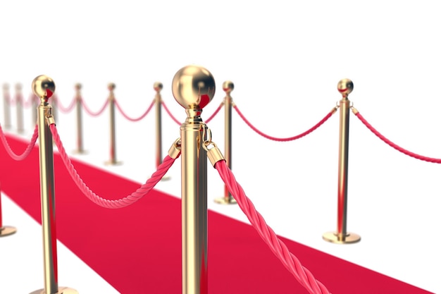 Photo red carpet fence pole with ropes. depth of field effect. 3d illustration.