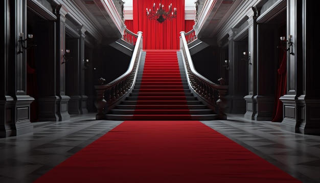 A red carpet in a grand staircase with a chandelier hanging from the ceiling.