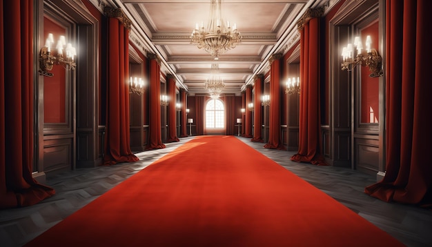 A red carpet in a hall with chandeliers hanging from the ceiling.