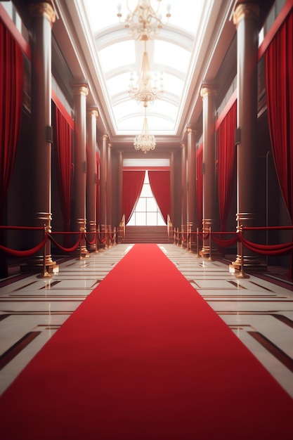 A red carpet is in a hallway with pillars and a chandelier hanging from the ceiling.