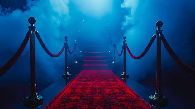 Foto un tappeto rosso che porta in una stanza buia con fumo