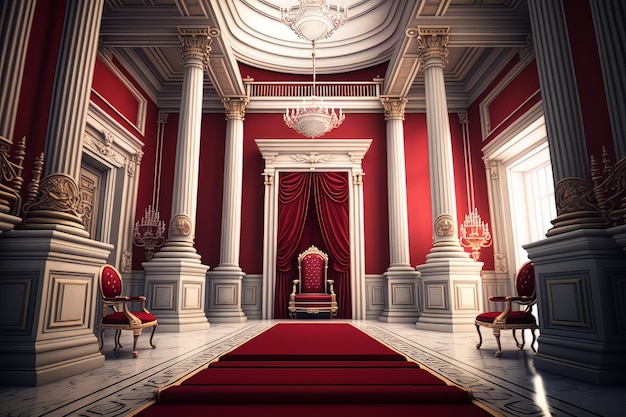 Red carpet leading to a king thrones inside of the palace castle Generative ai