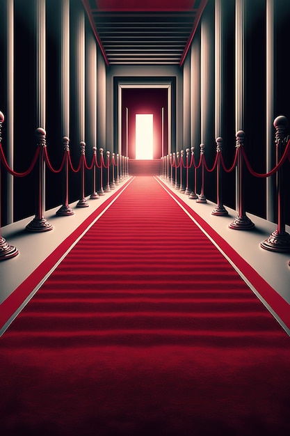 Red carpet leading to the red gate at night. 3D rendering